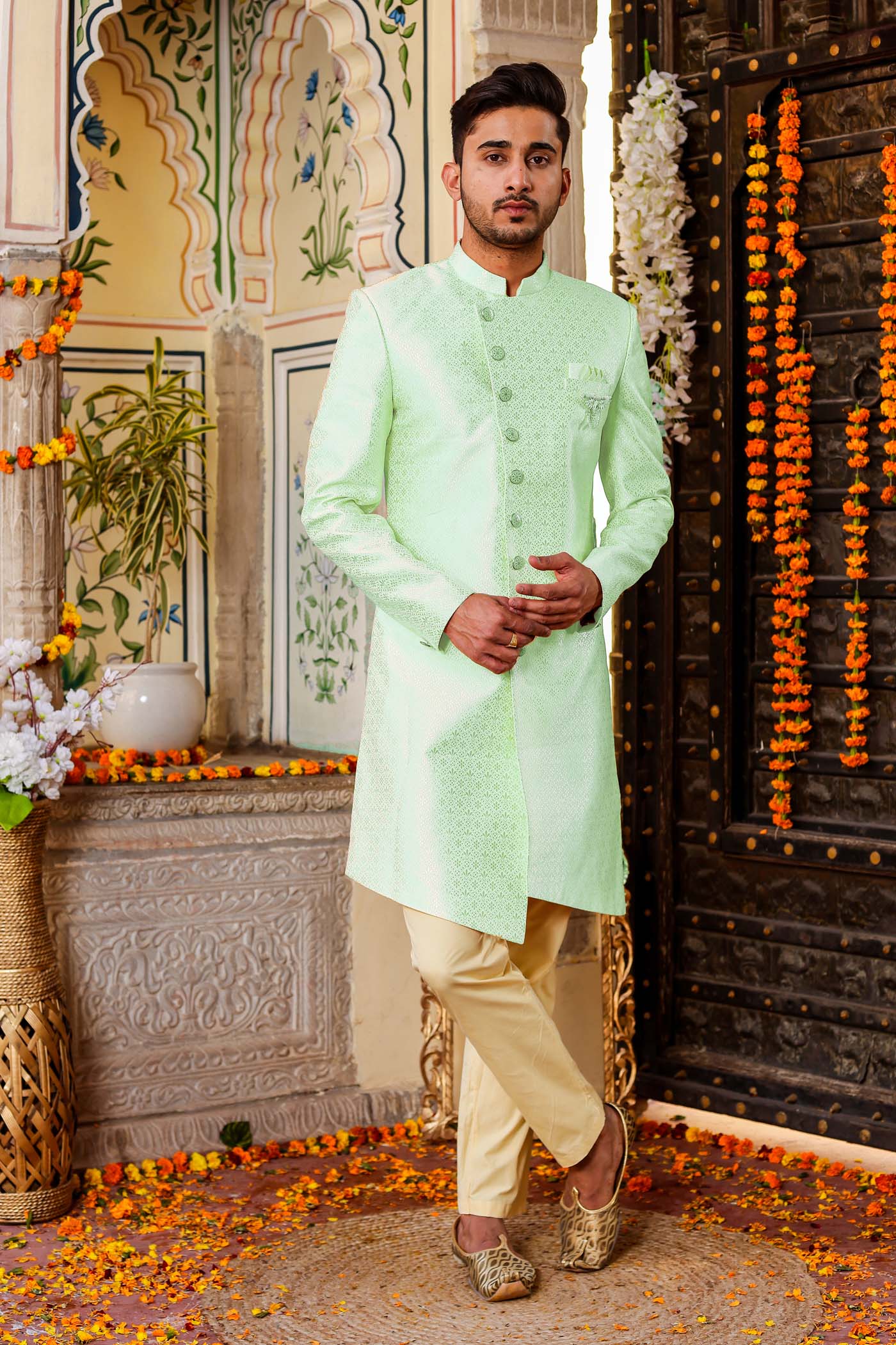Mint Green Stylish Side Cut Brocade Silk Indo-Western Suit.