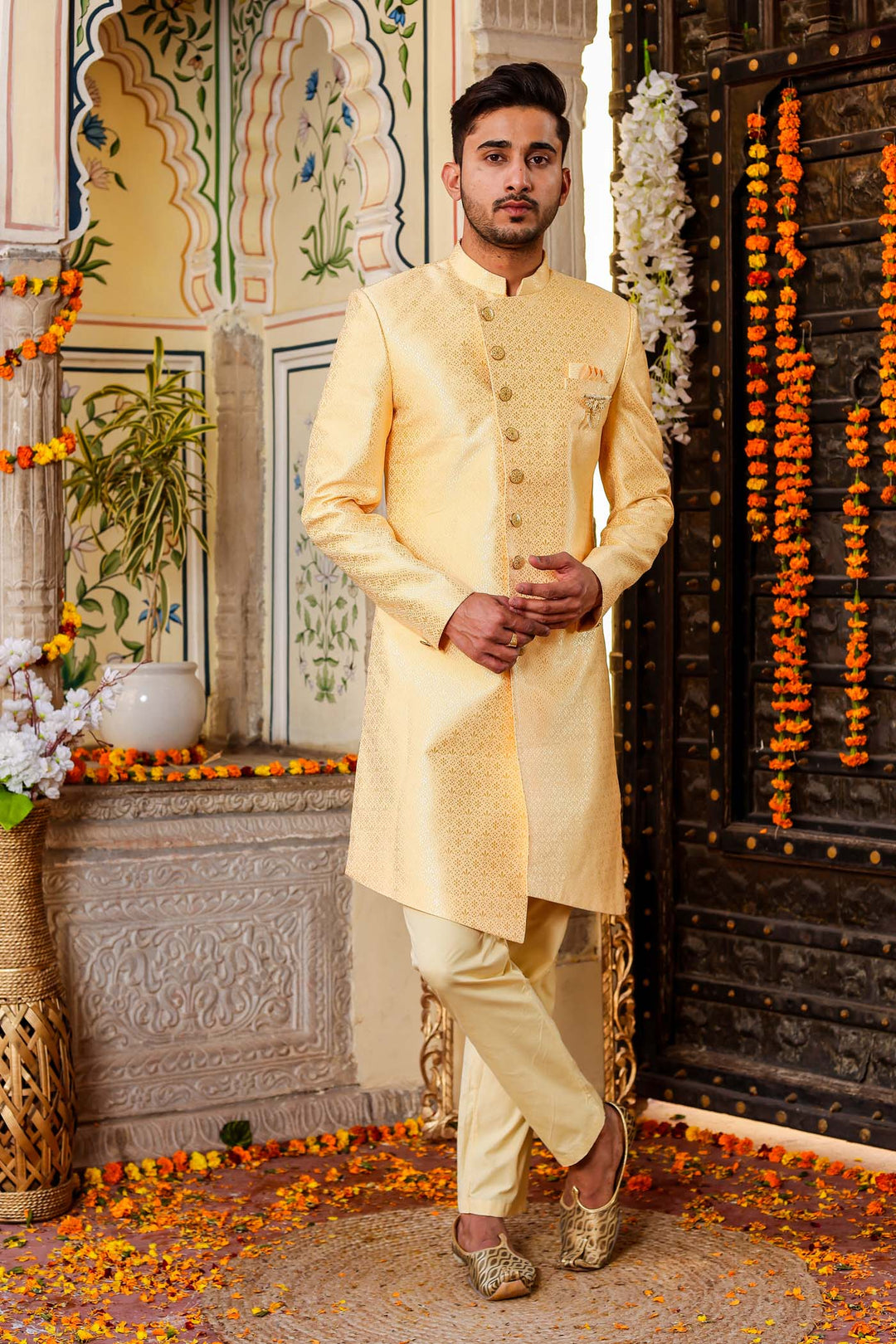 Gold Stylish Side Cut Brocade Silk Indo-Western Suit.