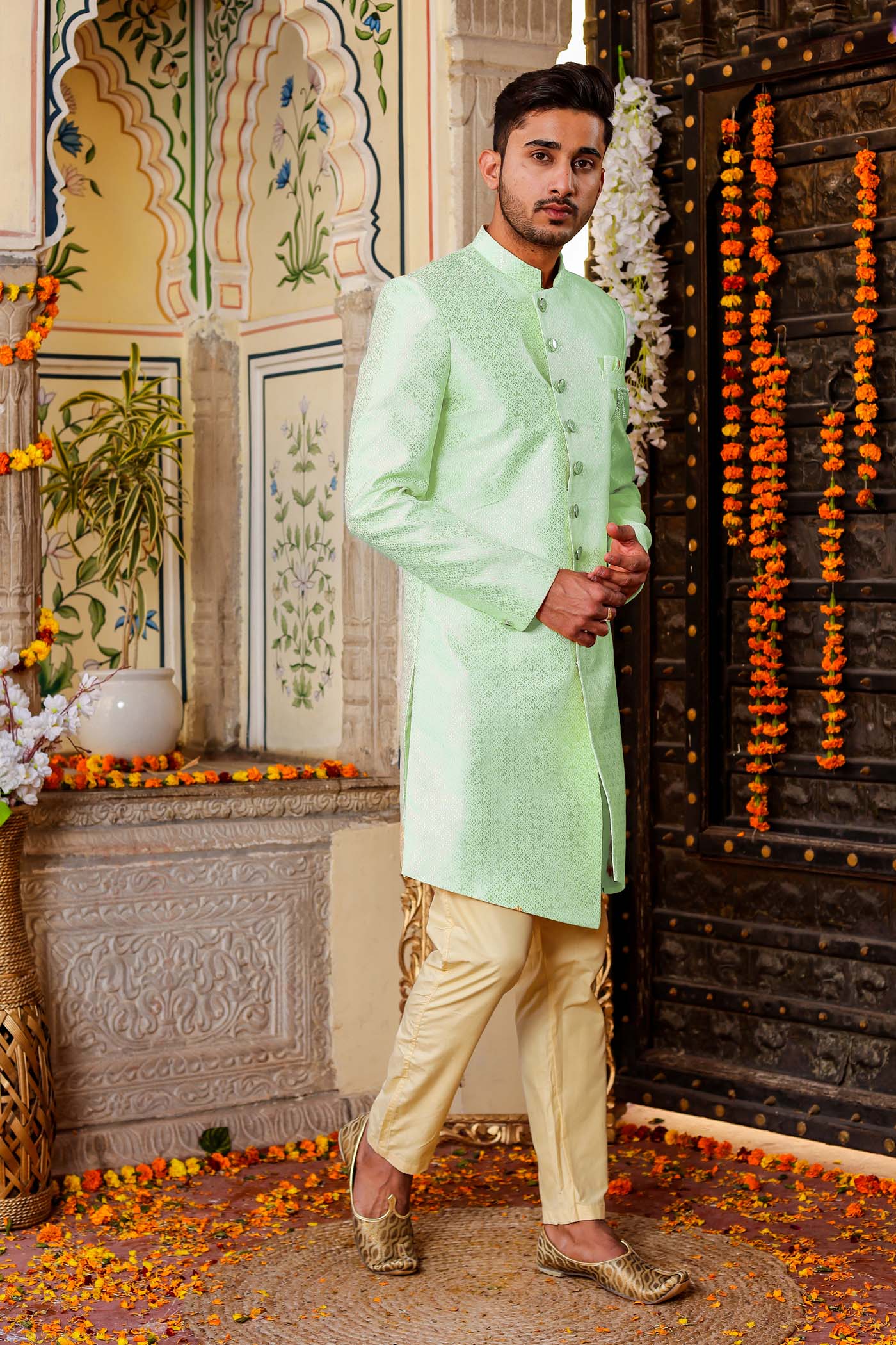 Mint Green Stylish Side Cut Brocade Silk Indo-Western Suit.