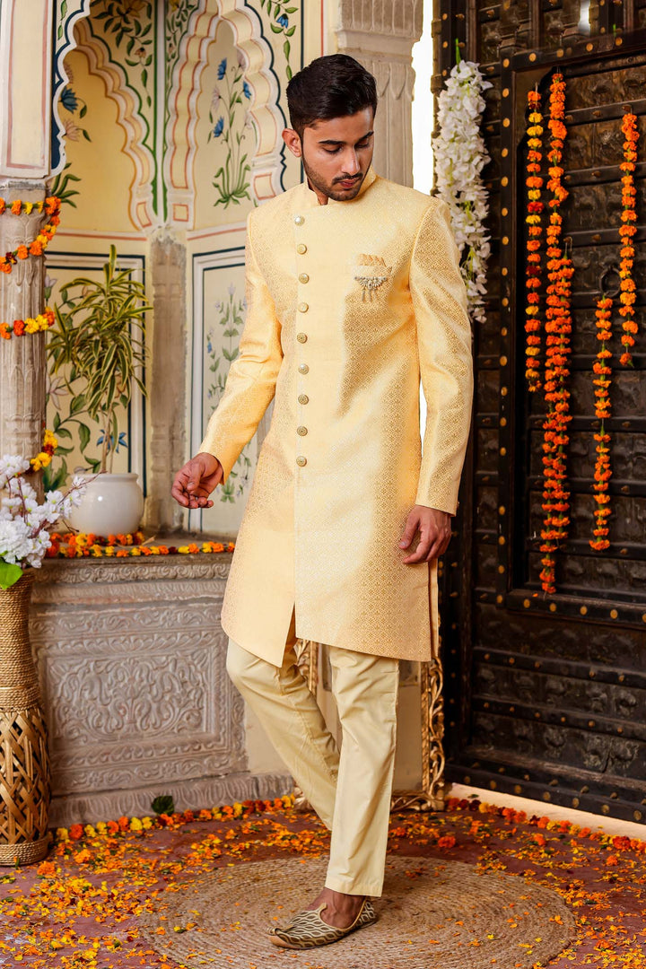 Gold Stylish Side Cut Brocade Silk Indo-Western Suit.