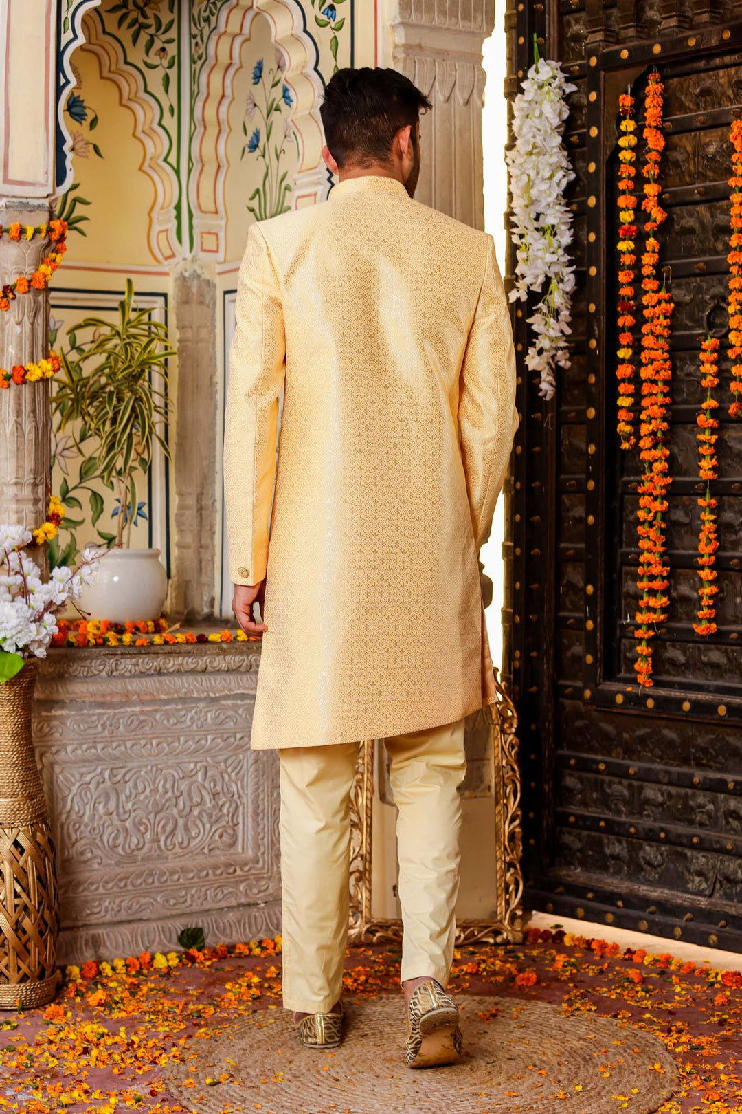 Gold Stylish Side Cut Brocade Silk Indo-Western Suit.