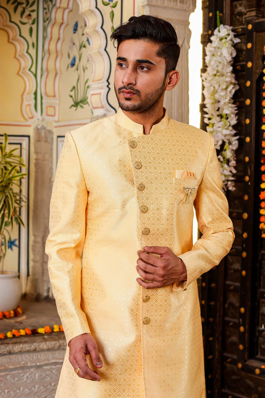 Gold Stylish Side Cut Brocade Silk Indo-Western Suit.