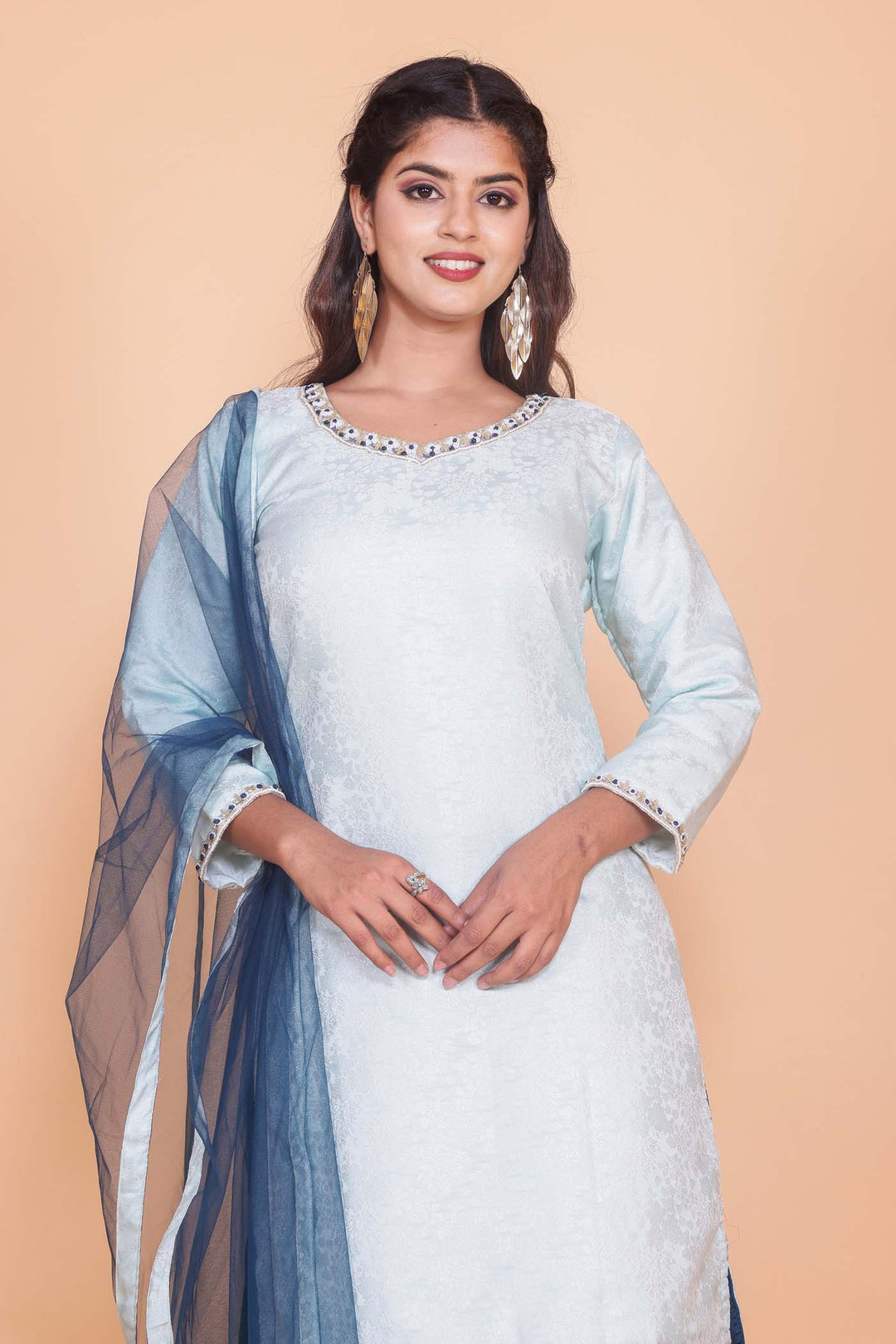 Brocade Silk Flared Palazzo Suit - Light Blue