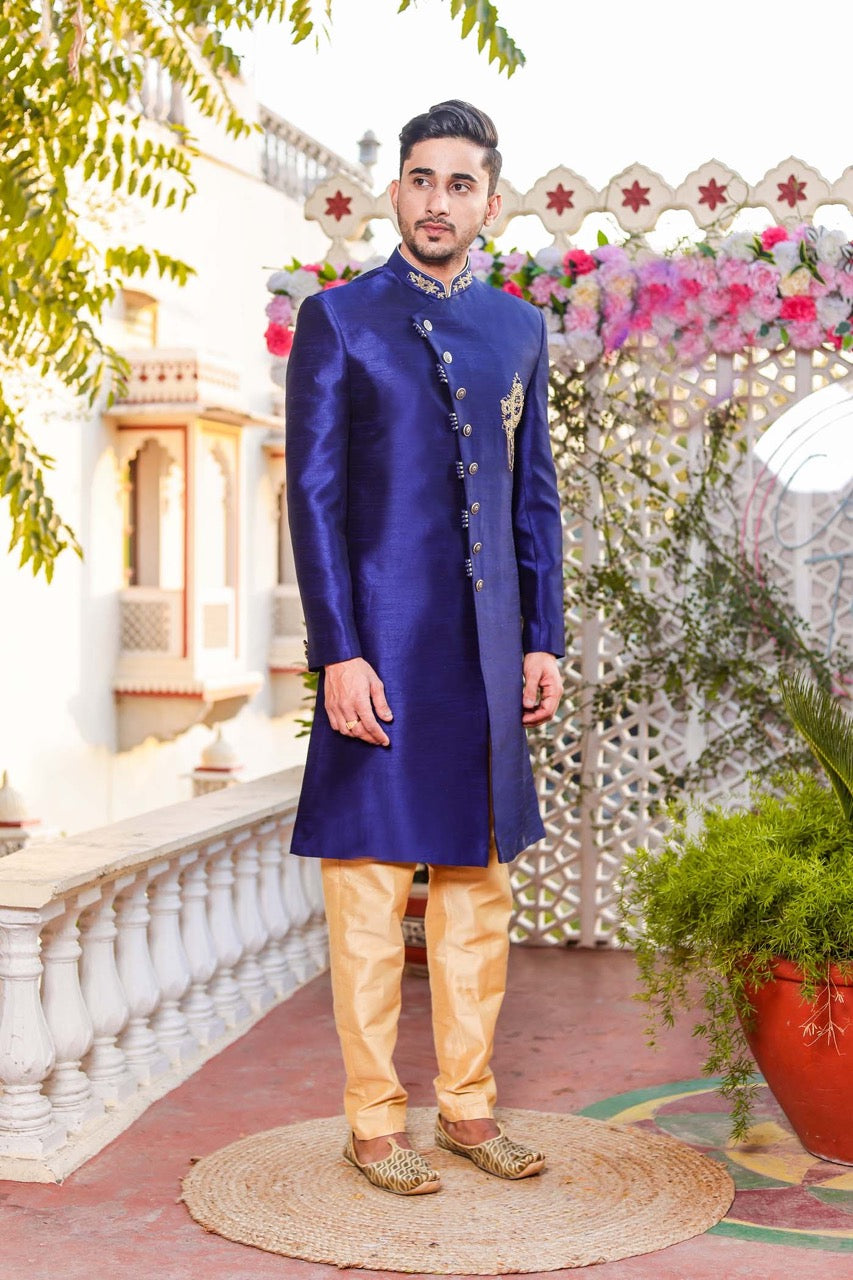 Royal Blue Raw Silk Indo-Western Sherwani Suit.