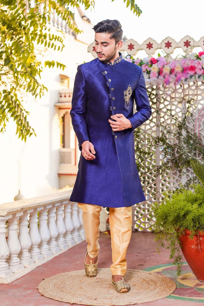 Royal Blue Raw Silk Indo-Western Sherwani Suit.