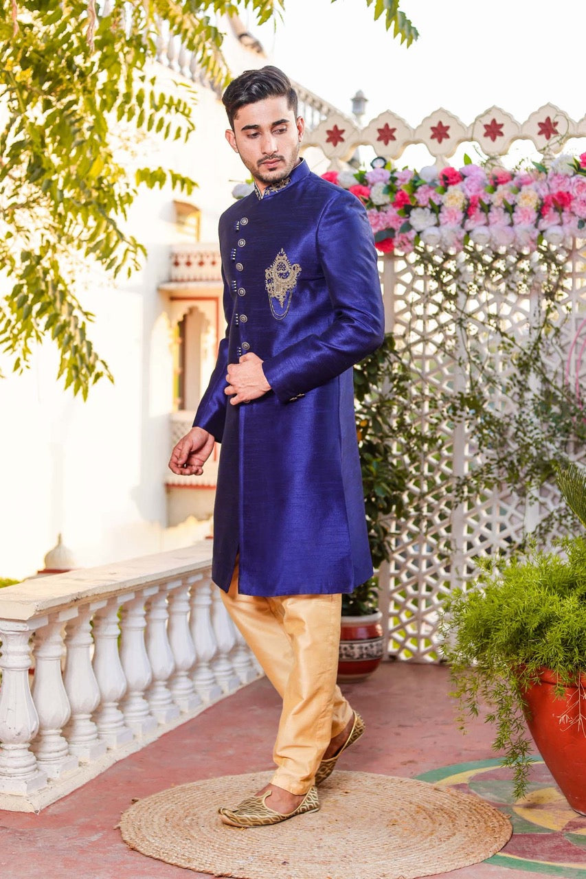 Royal Blue Raw Silk Indo-Western Sherwani Suit.