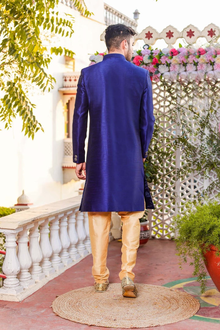 Royal Blue Raw Silk Indo-Western Sherwani Suit.