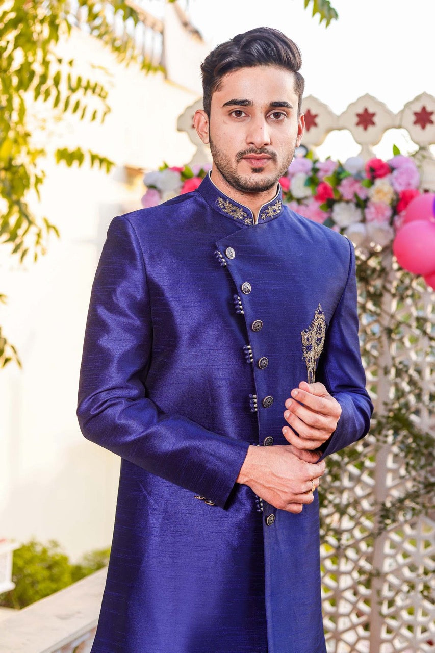 Royal Blue Raw Silk Indo-Western Sherwani Suit.