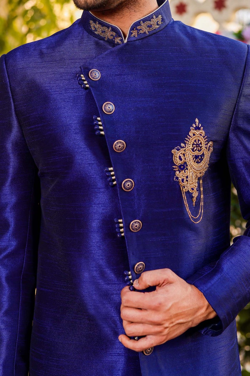 Royal Blue Raw Silk Indo-Western Sherwani Suit.