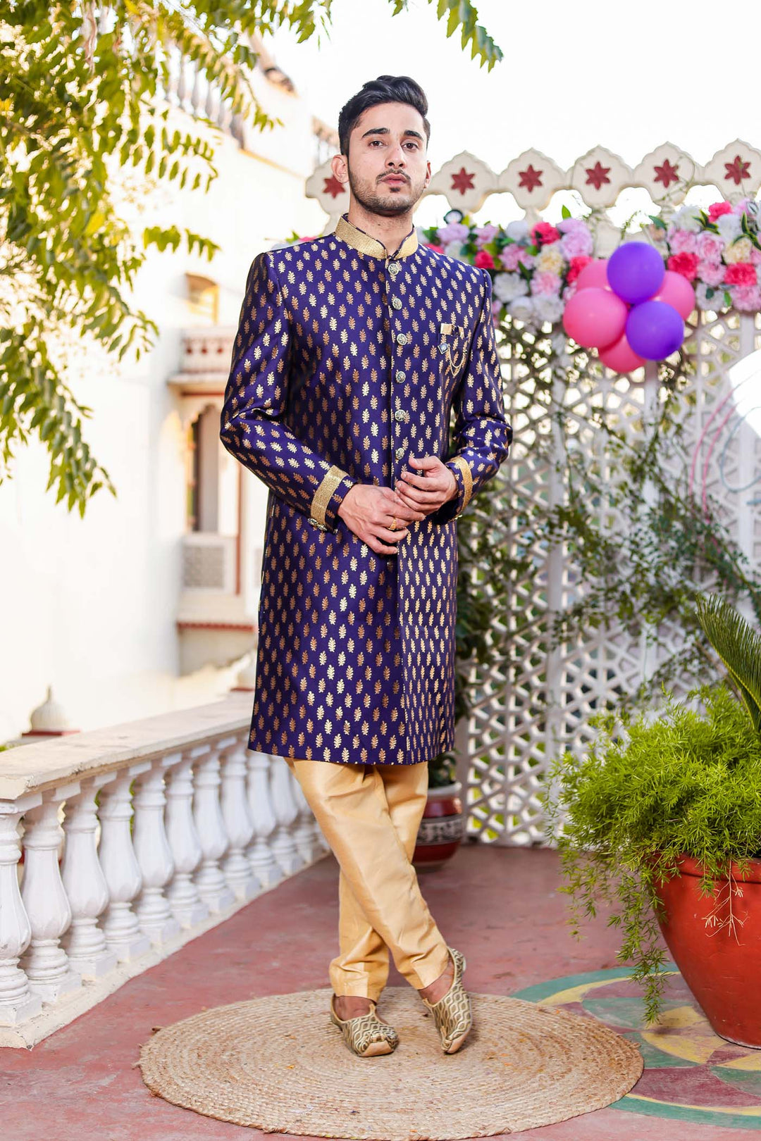 Navy Blue Brocade Silk Indo-Western Suit.