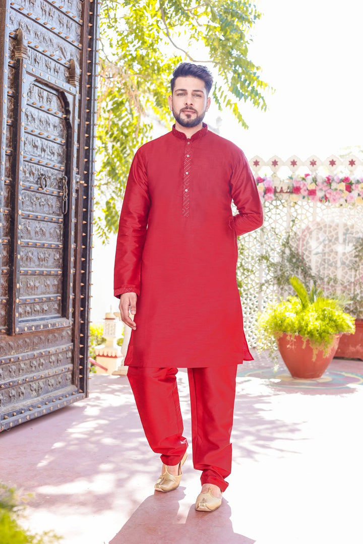 Maroon Designer Raw silk waistcoat kurta suit