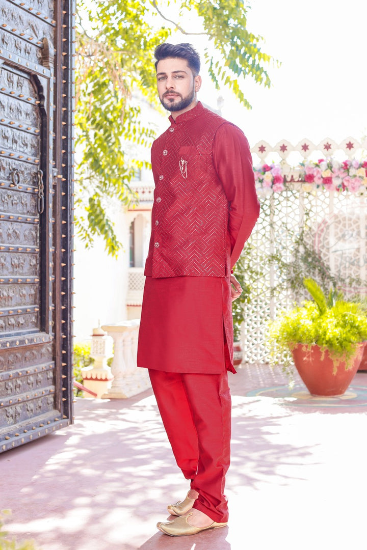 Maroon Designer Raw silk waistcoat kurta suit