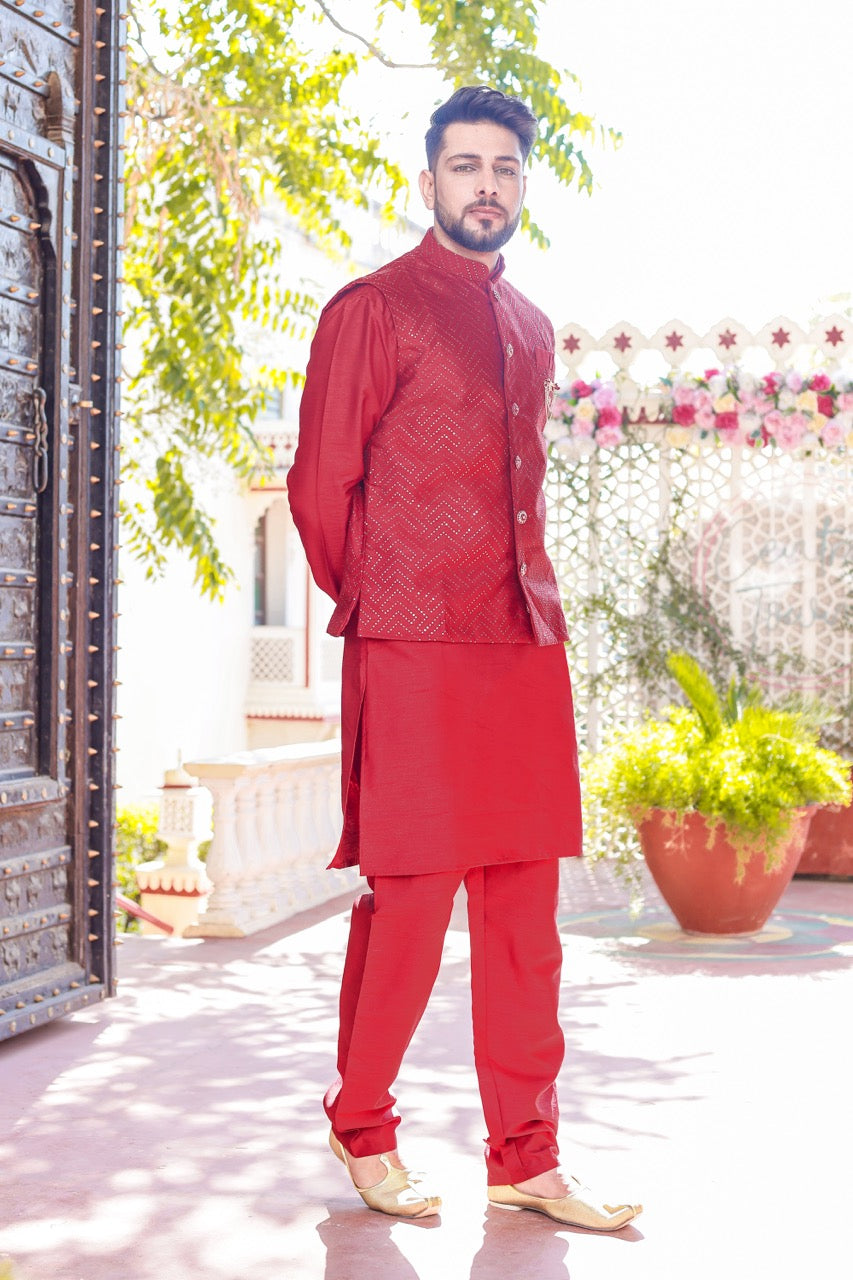 Maroon Designer Raw silk waistcoat kurta suit