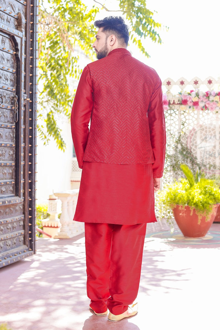 Maroon Designer Raw silk waistcoat kurta suit