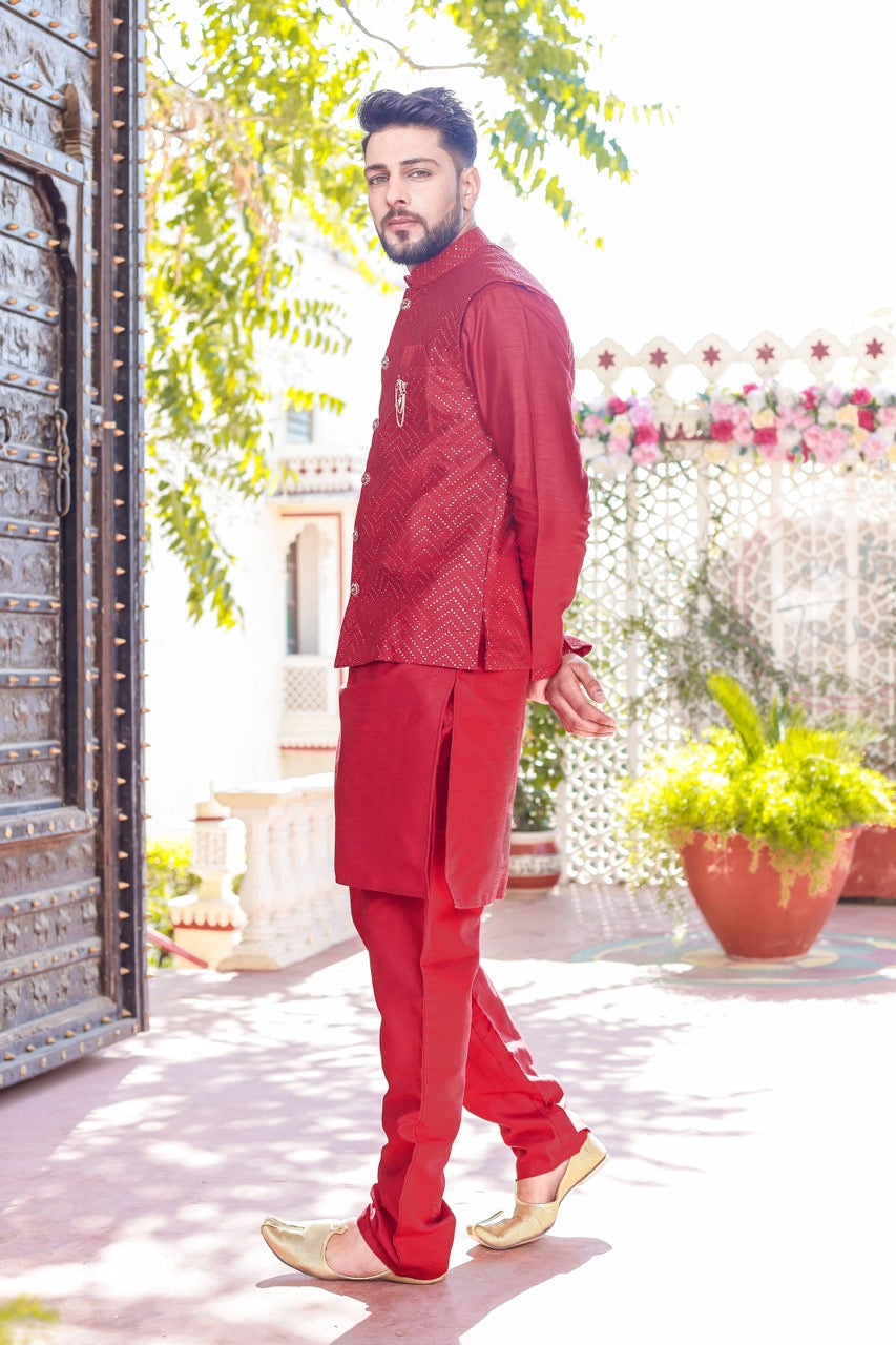 Maroon Designer Raw silk waistcoat kurta suit