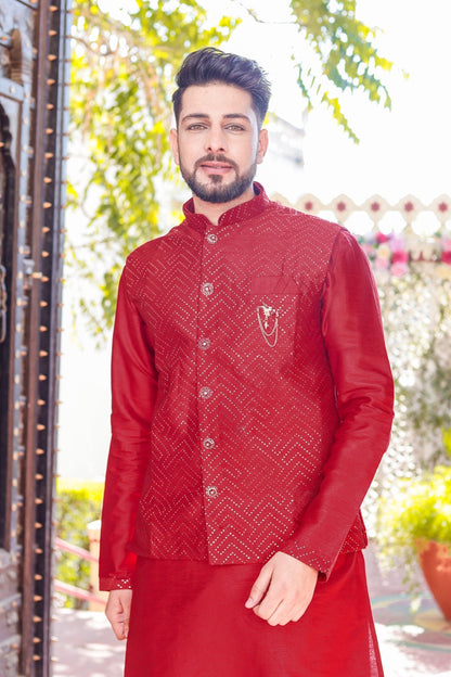 Designer Raw silk waistcoat kurta suit - Maroon