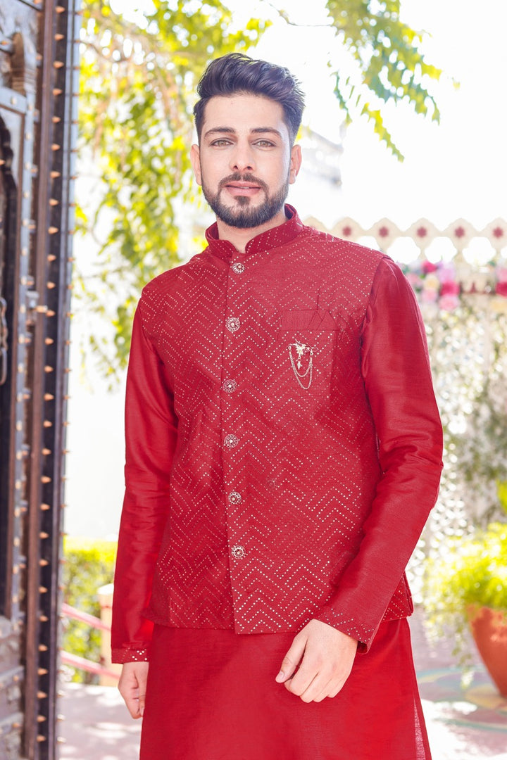 Maroon Designer Raw silk waistcoat kurta suit