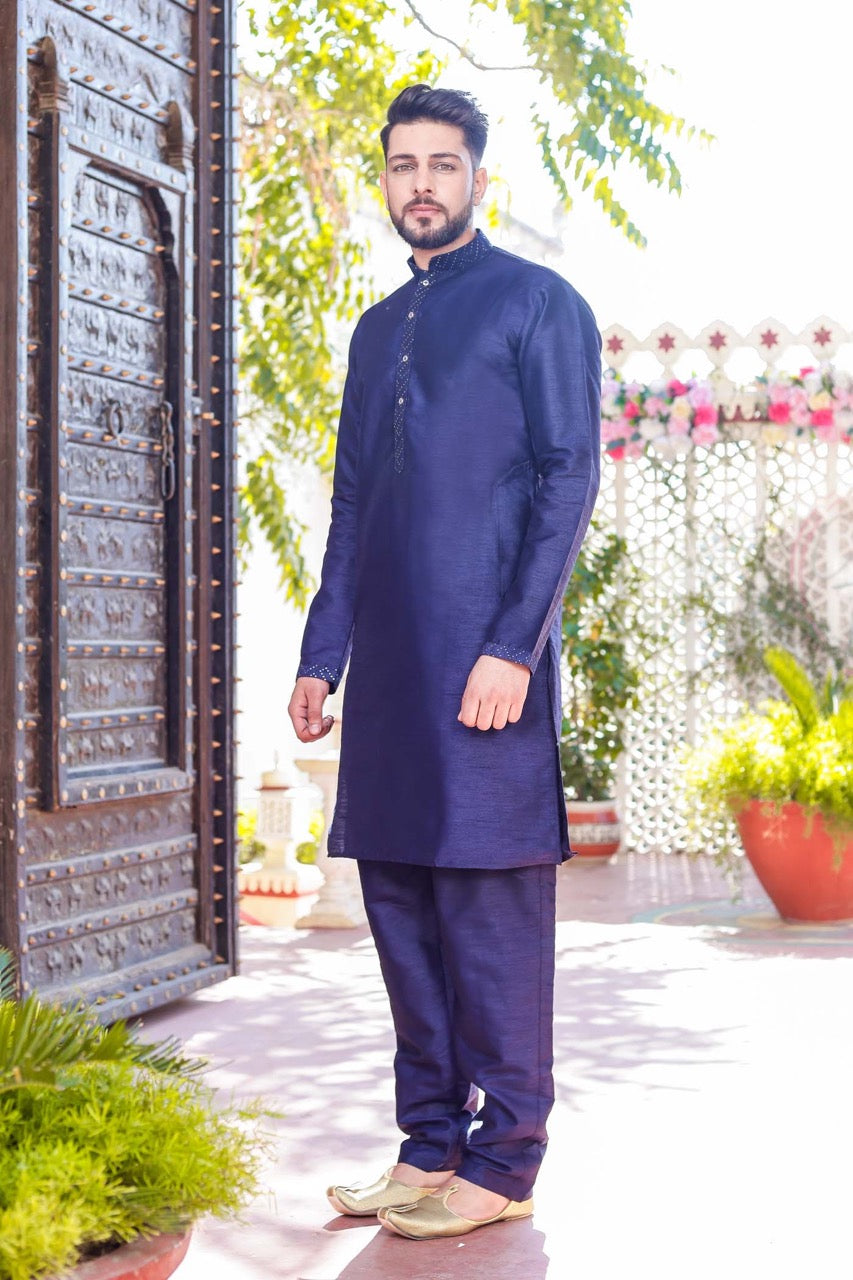 Navy Blue Designer Raw Silk Waistcoat Kurta Suit