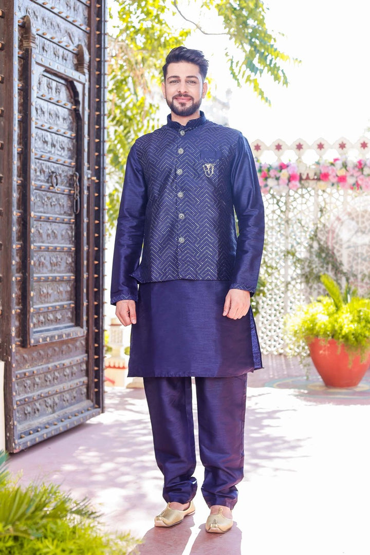 Navy Blue Designer Raw Silk Waistcoat Kurta Suit