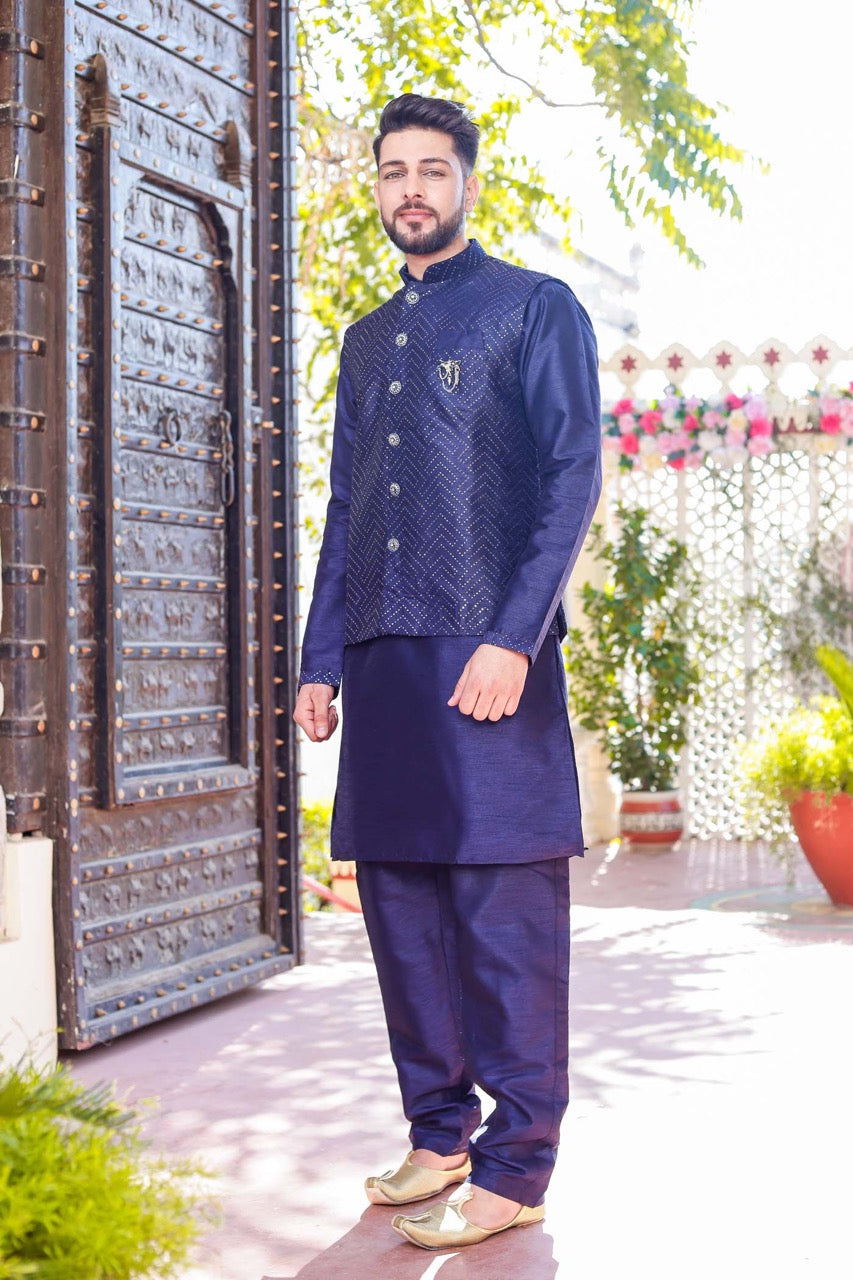 Navy Blue Designer Raw Silk Waistcoat Kurta Suit