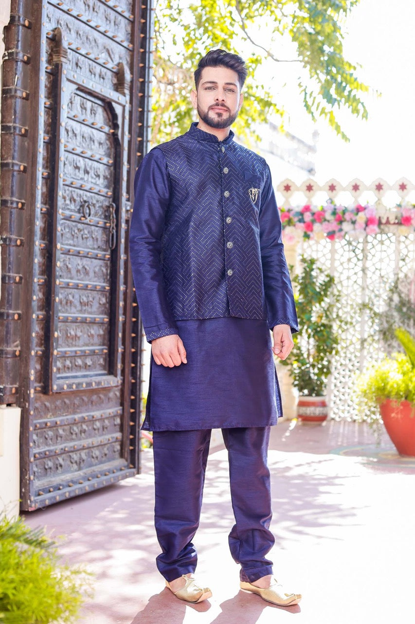 Navy Blue Designer Raw Silk Waistcoat Kurta Suit