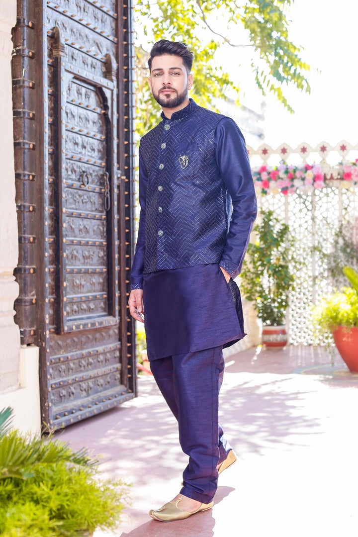 Navy Blue Designer Raw Silk Waistcoat Kurta Suit