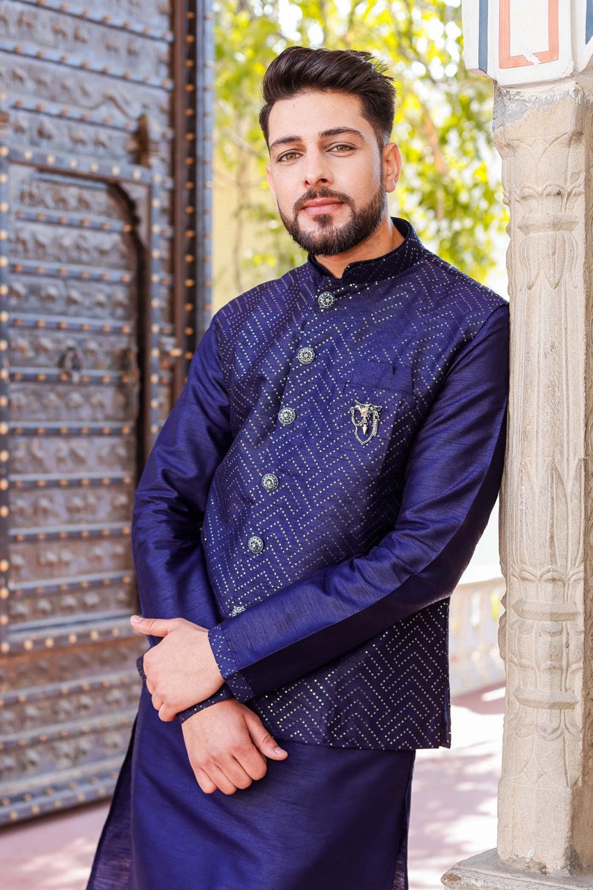 Navy Blue Designer Raw Silk Waistcoat Kurta Suit