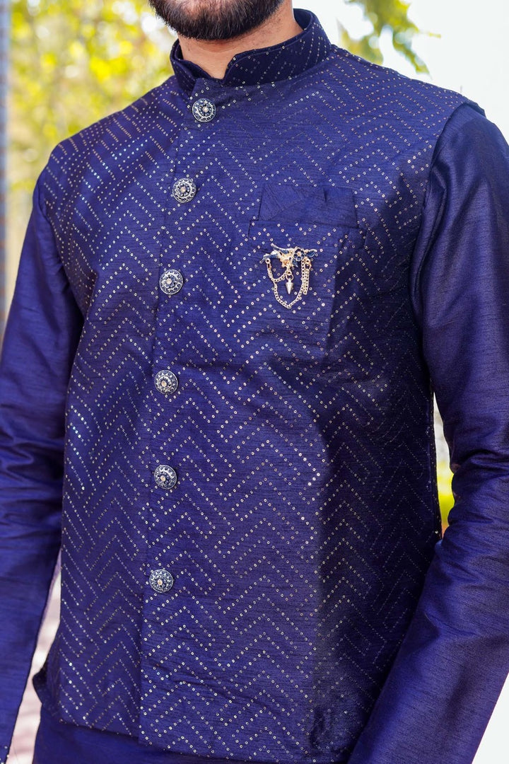 Navy Blue Designer Raw Silk Waistcoat Kurta Suit