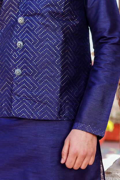 Navy Blue Designer Raw Silk Waistcoat Kurta Suit