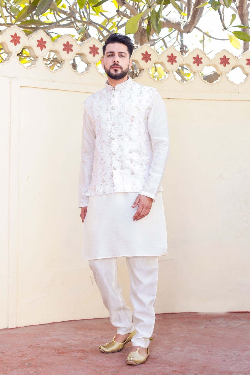 Ivory Designer Raw silk waistcoat kurta suit