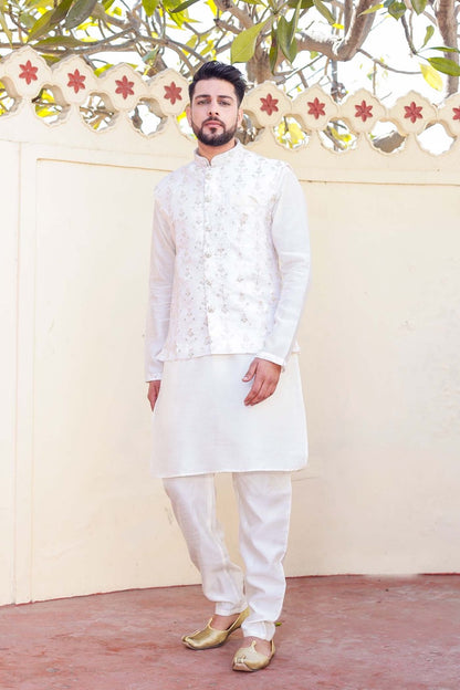 Designer Raw silk waistcoat kurta suit - Ivory