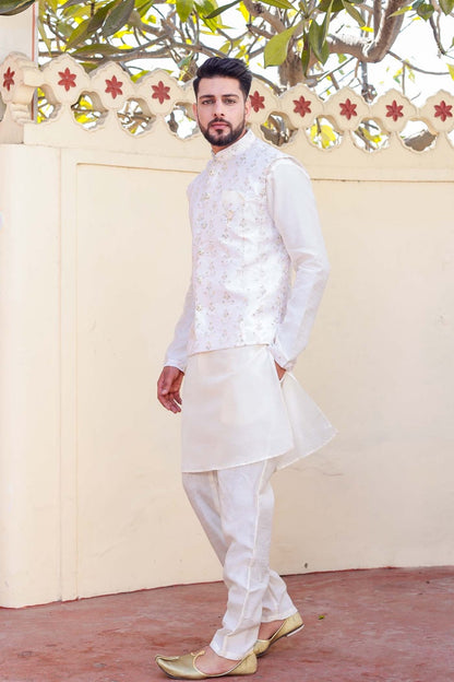 Designer Raw silk waistcoat kurta suit - Ivory