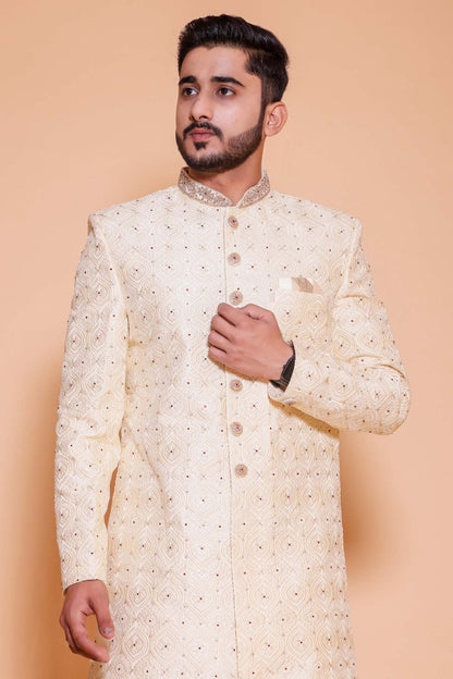 Cream Luckhnowi silk Indo-western suit