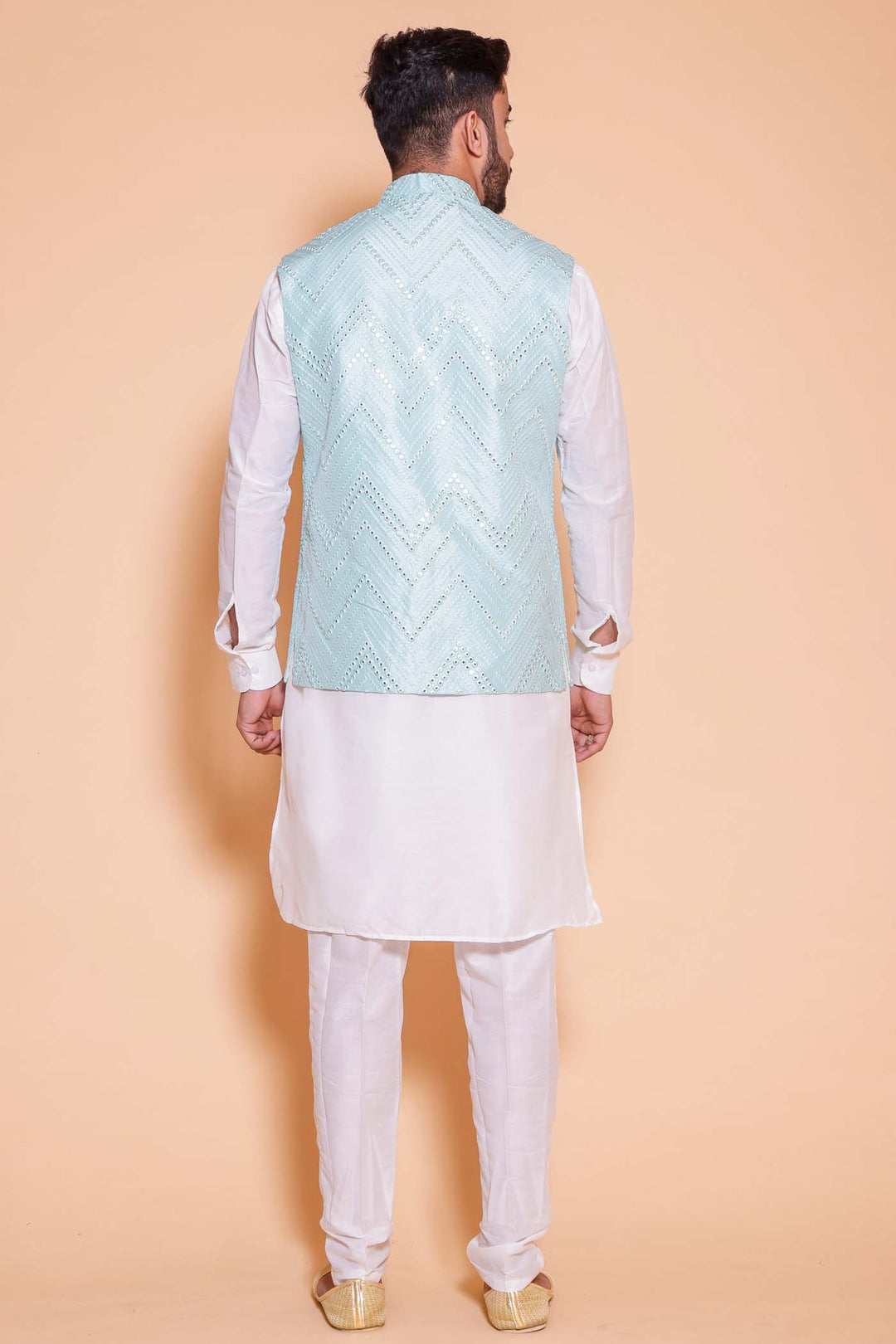Light Blue zig zag pattern embroidered in thread and mirror waistcoat kurta suit