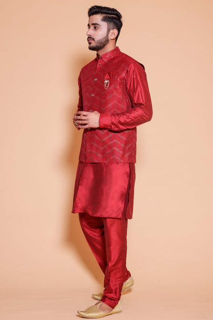 Maroon zig zag pattern embroidered in thread and sequin waistcoat kurta suit