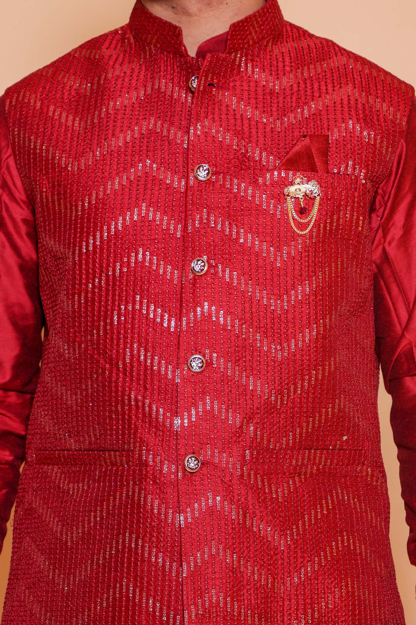 Maroon zig zag pattern embroidered in thread and sequin waistcoat kurta suit