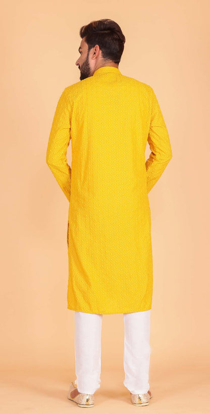 Designer Luckhnowi kurta suit with resham thread work all over- Mustard
