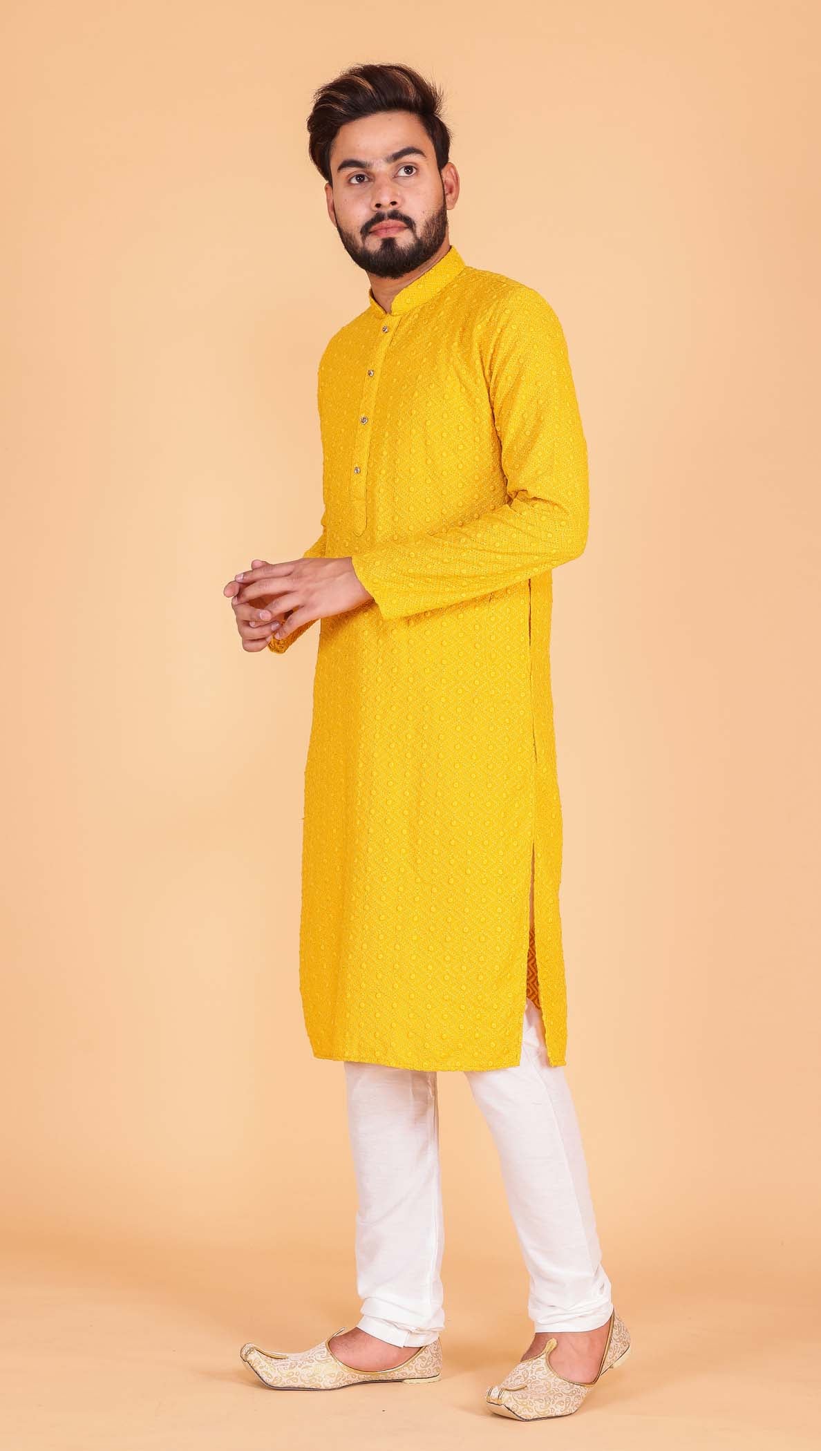 Designer Luckhnowi kurta suit with resham thread work all over- Mustard