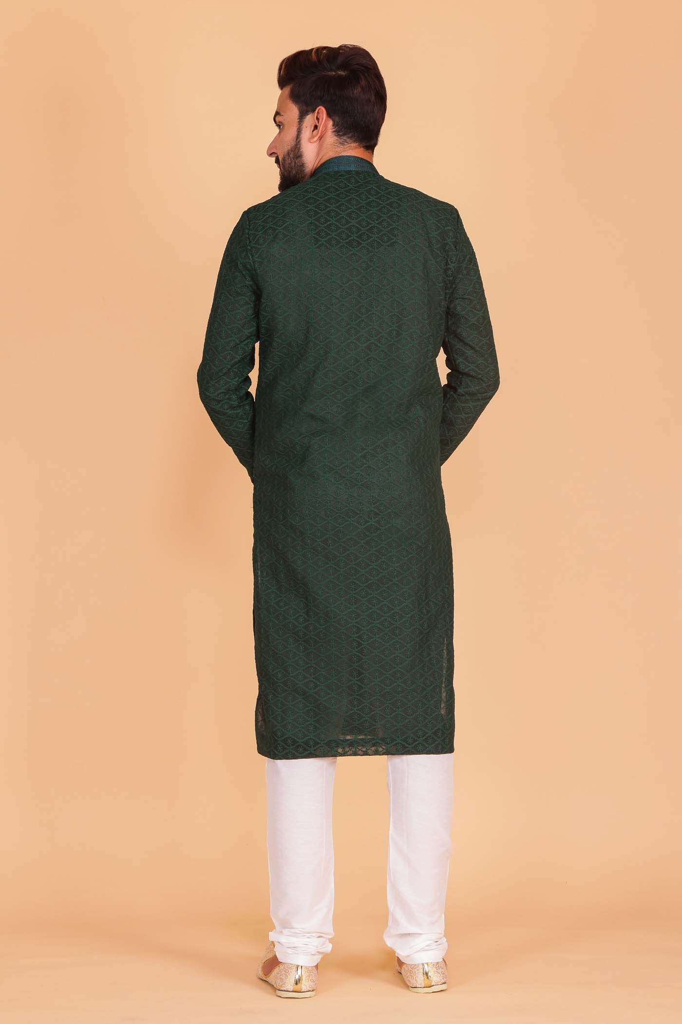 Bottle Green Lucknowi Kurta Suit with Resham Thread Work All Over