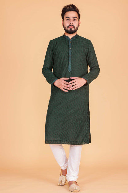 Bottle Green Lucknowi Kurta Suit with Resham Thread Work All Over