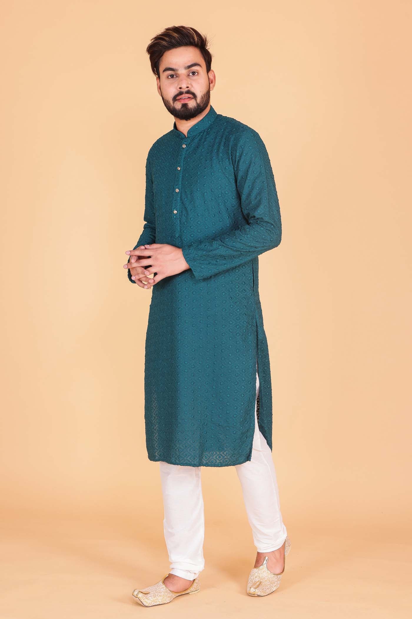 Designer Luckhnowi kurta suit with resham thread work all over- Rama
