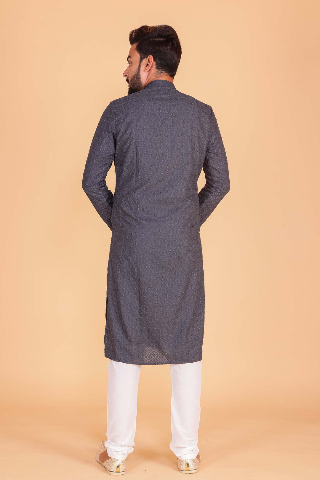Designer Luckhnowi kurta suit with resham thread work all over- Grey