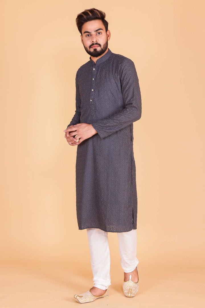 Designer Luckhnowi kurta suit with resham thread work all over- Grey
