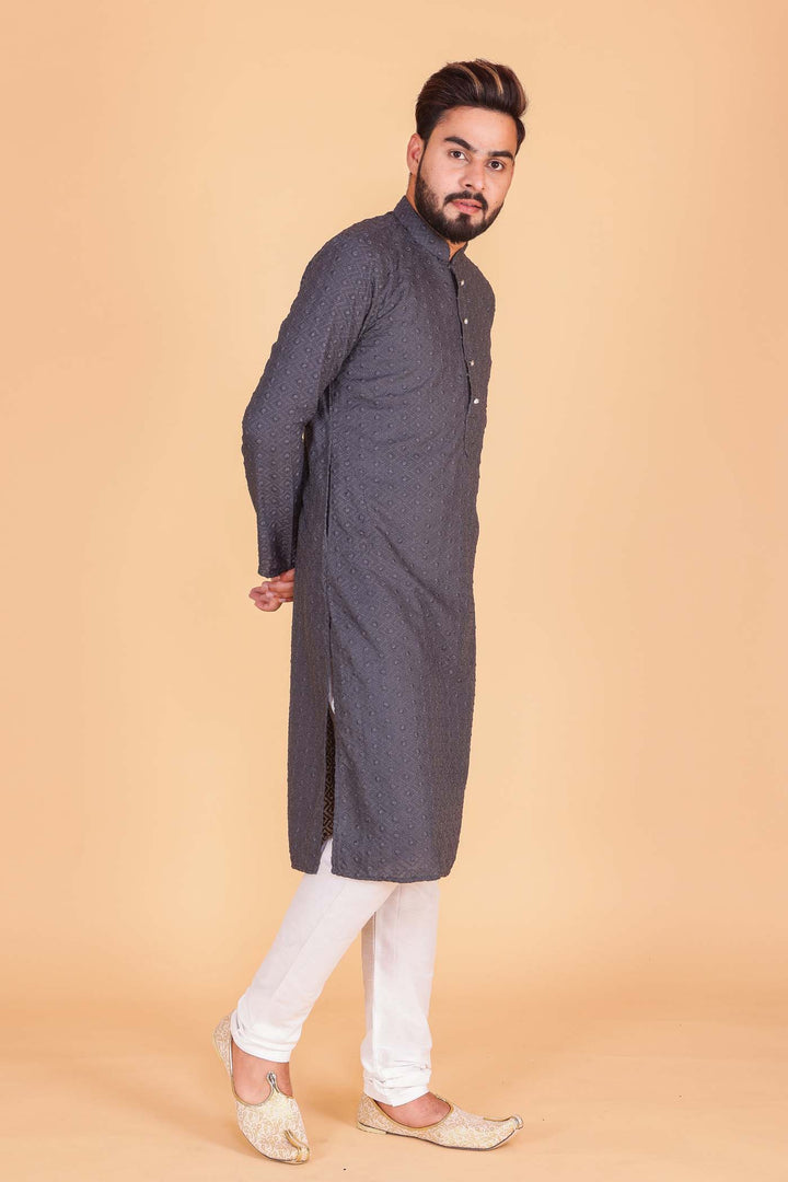 Designer Luckhnowi kurta suit with resham thread work all over- Grey