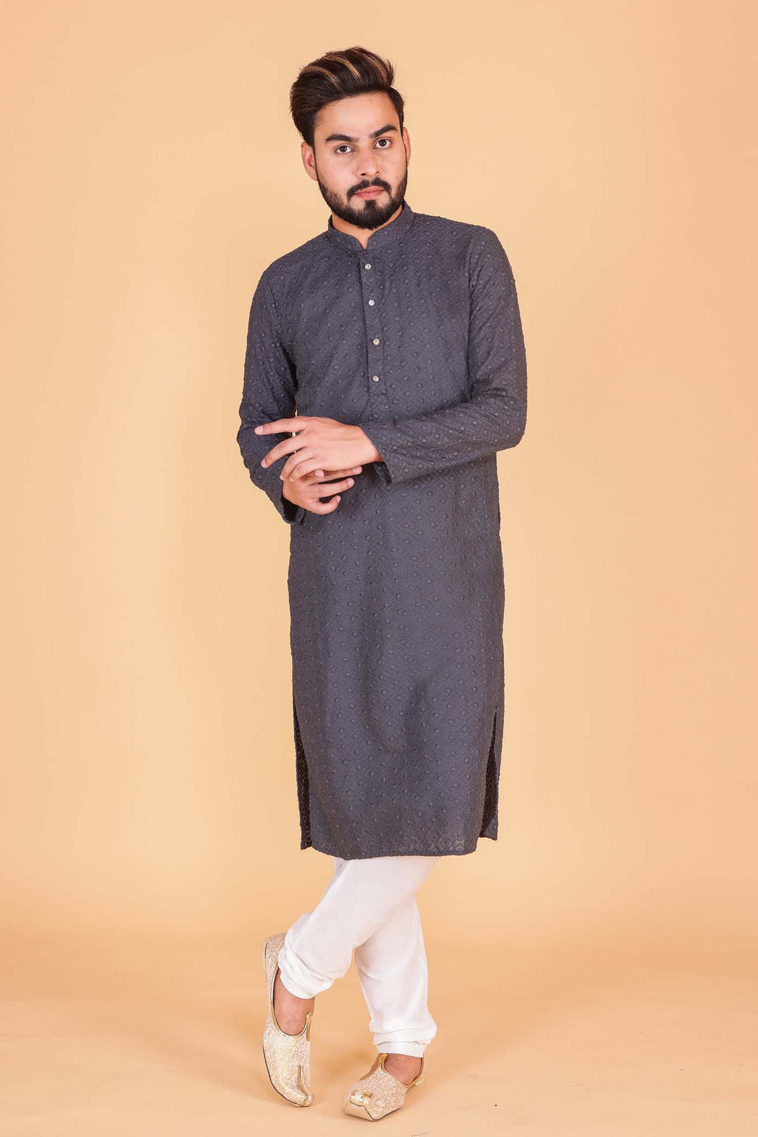 Designer Luckhnowi kurta suit with resham thread work all over- Grey