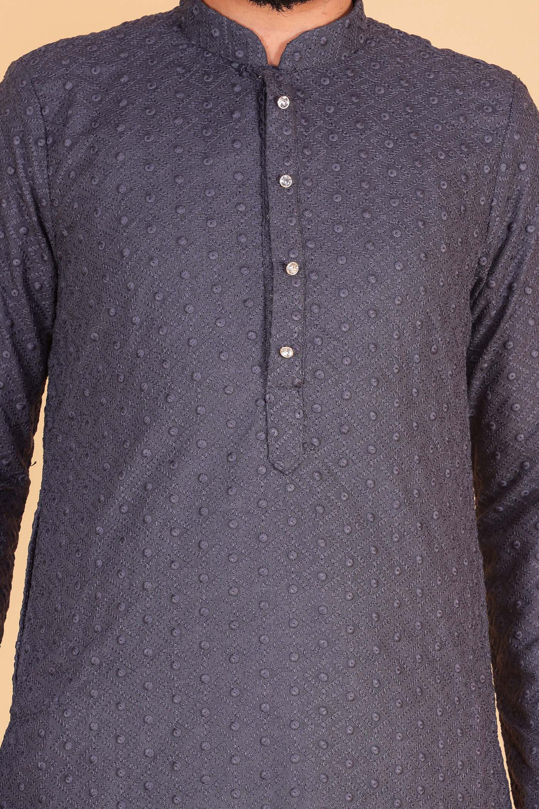 Designer Luckhnowi kurta suit with resham thread work all over- Grey