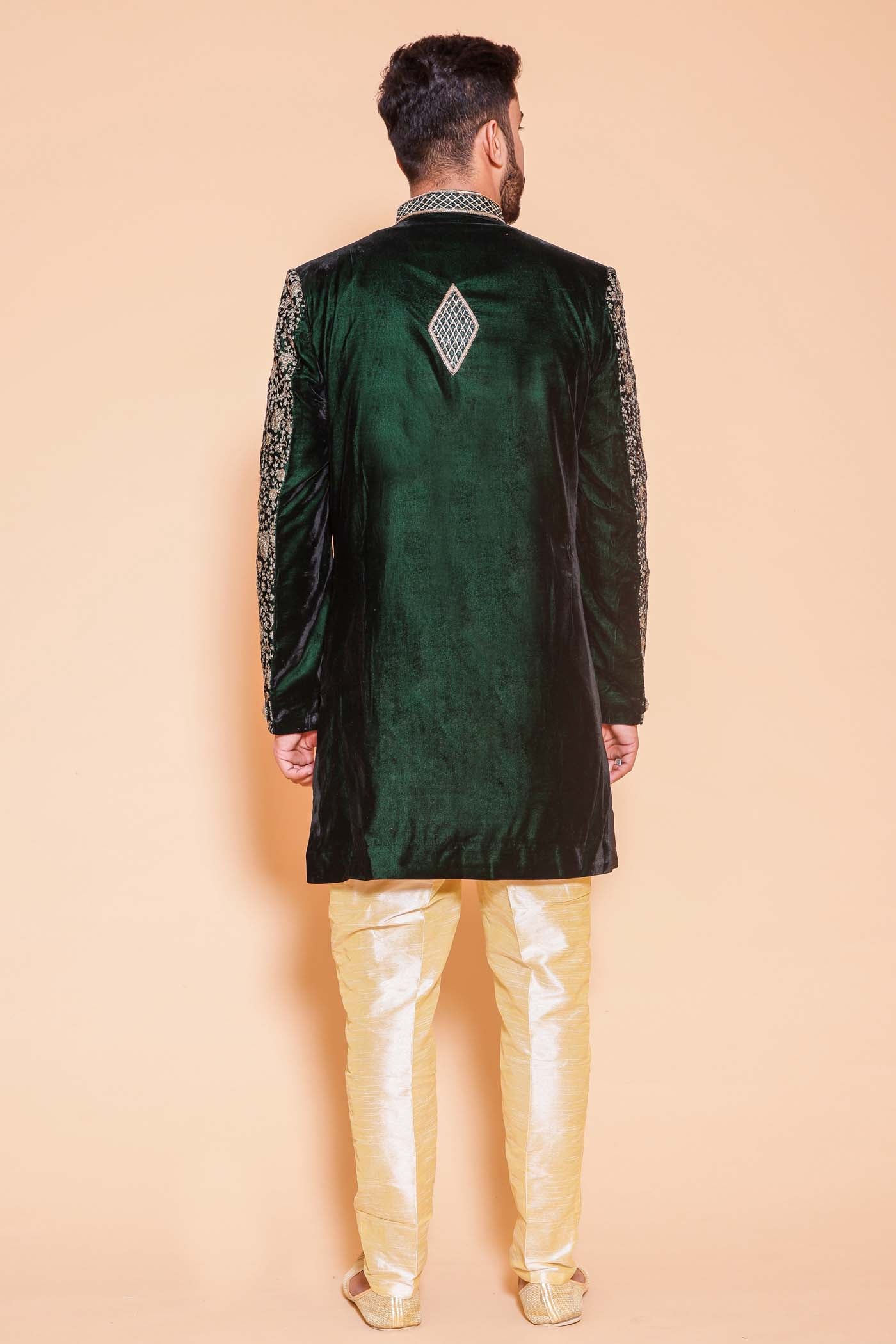 Designer Bottle Green Velvet Indo-western suit with gold resham thread work all over.
