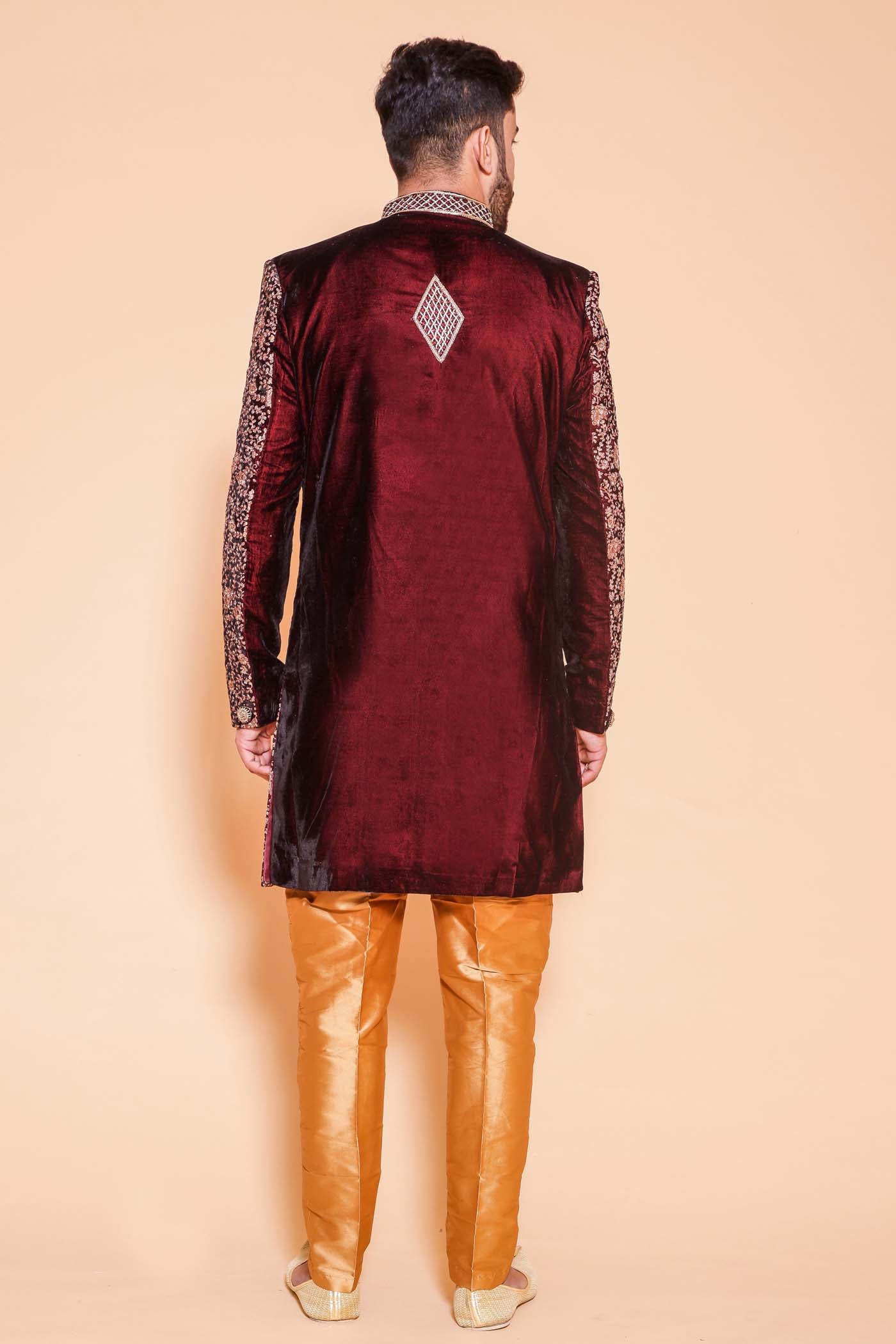 Wine Designer Velvet Indo-western suit with gold resham thread work all over.