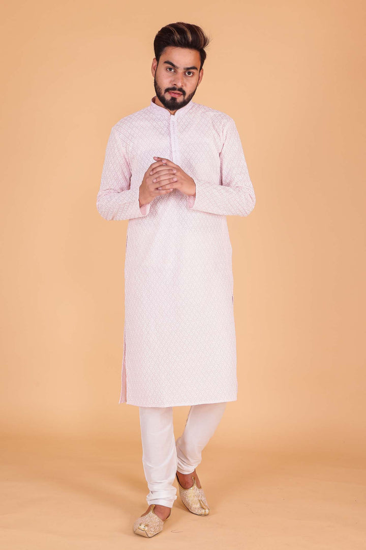 Luckhnowi kurta suit with resham thread work all over - Baby Pink
