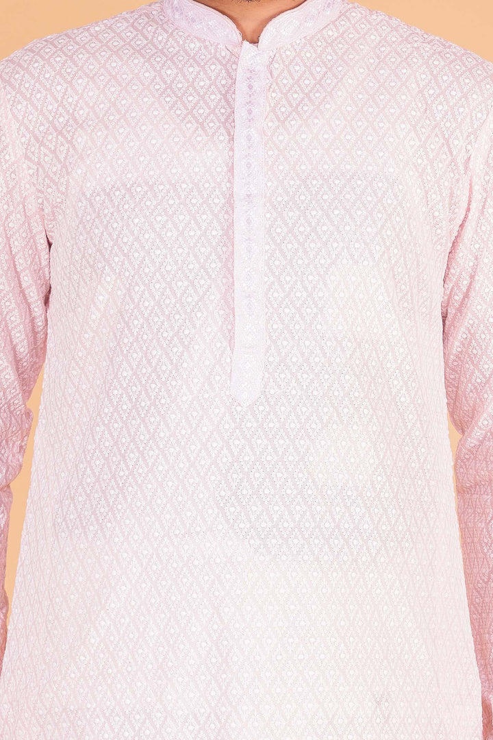 Luckhnowi kurta suit with resham thread work all over - Baby Pink